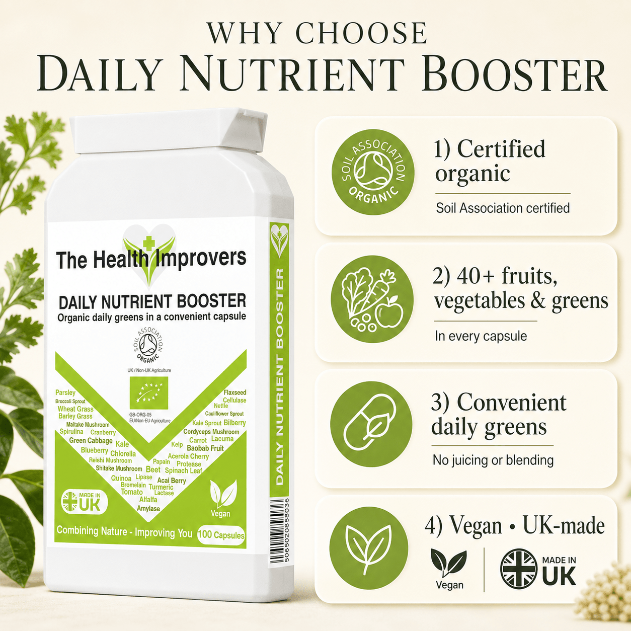 Why choose Organic Daily Nutrient Booster, a whole-food blend of organic greens, fruits, seeds and enzymes in a convenient daily capsule