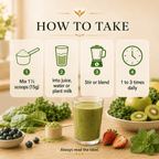 How to take Daily Nutrient Booster, mix 1.5 scoops into water, juice or plant milk