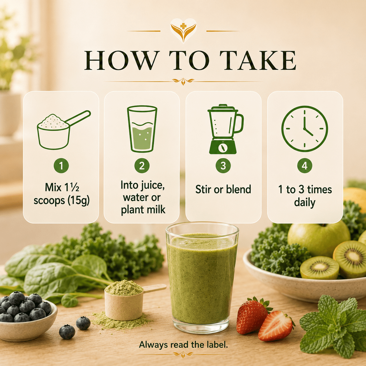 How to take Daily Nutrient Booster, mix 1.5 scoops into water, juice or plant milk