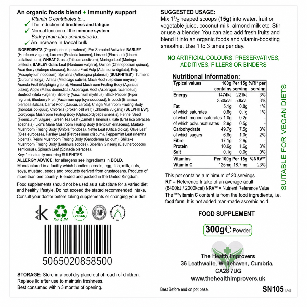 Daily Nutrient Booster nutrition, ingredients and allergens including barley and gluten