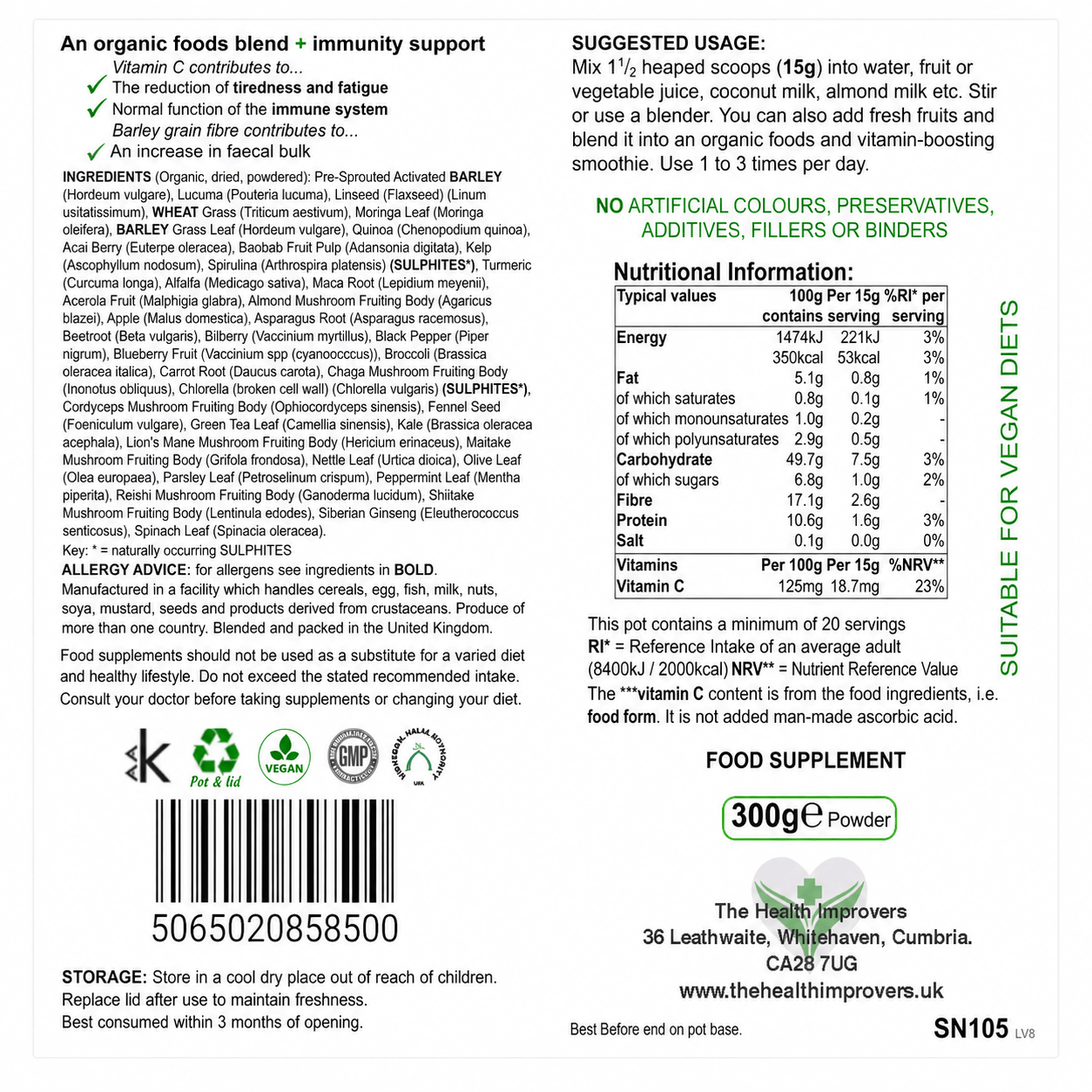 Daily Nutrient Booster nutrition, ingredients and allergens including barley and gluten