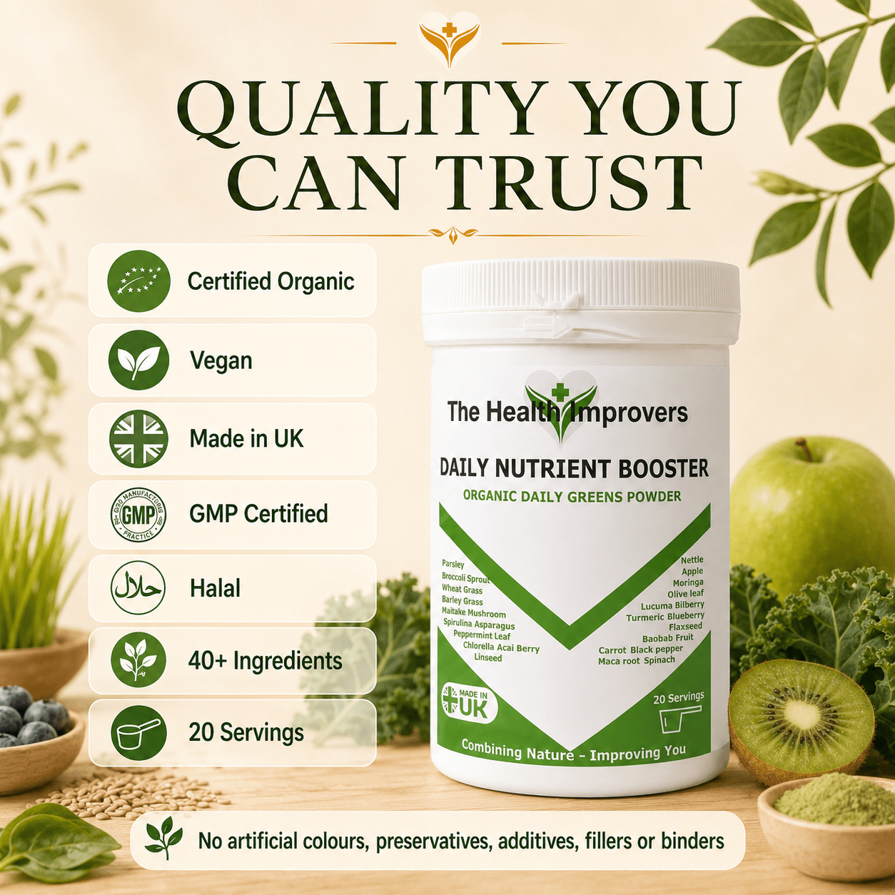 Organic Daily Nutrient Booster, certified organic, vegan and UK-made