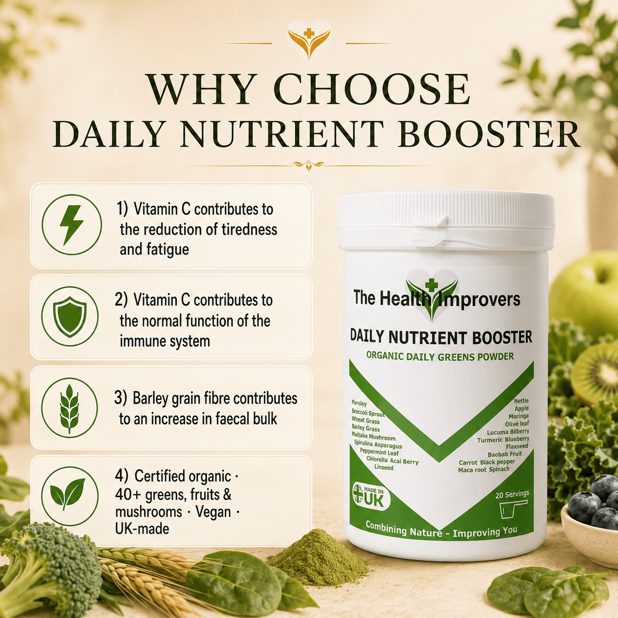 Why choose Daily Nutrient Booster, Vitamin C for immune function and reduction of tiredness, with 40+ organic ingredients