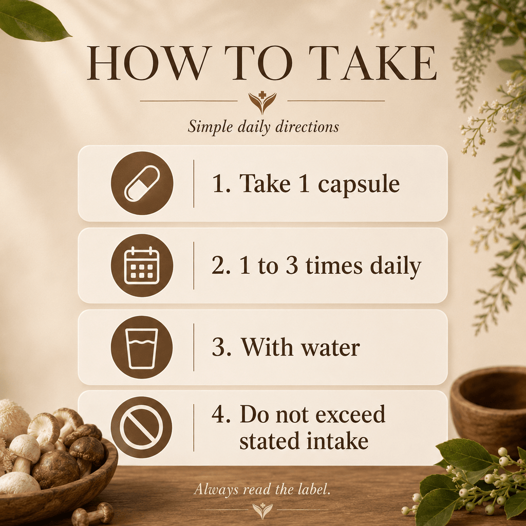 How to take Organic Mushroom Complex, one capsule one to three times daily with water