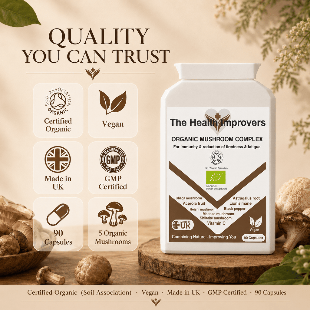 Organic Mushroom Complex quality standards, UK made, vegan and GMP certified