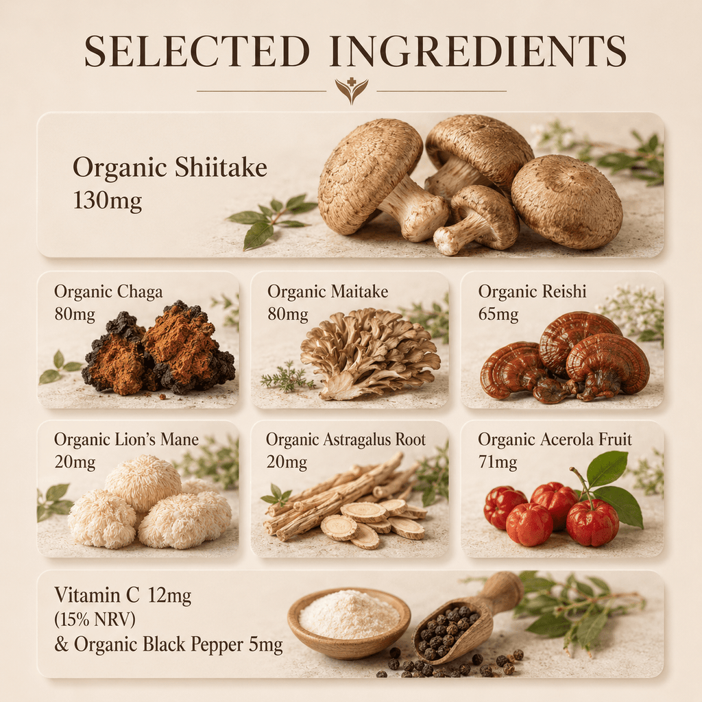 Selected ingredients in Organic Mushroom Complex including organic shiitake, reishi, maitake, lion's mane, cordyceps and chaga with vitamin C
