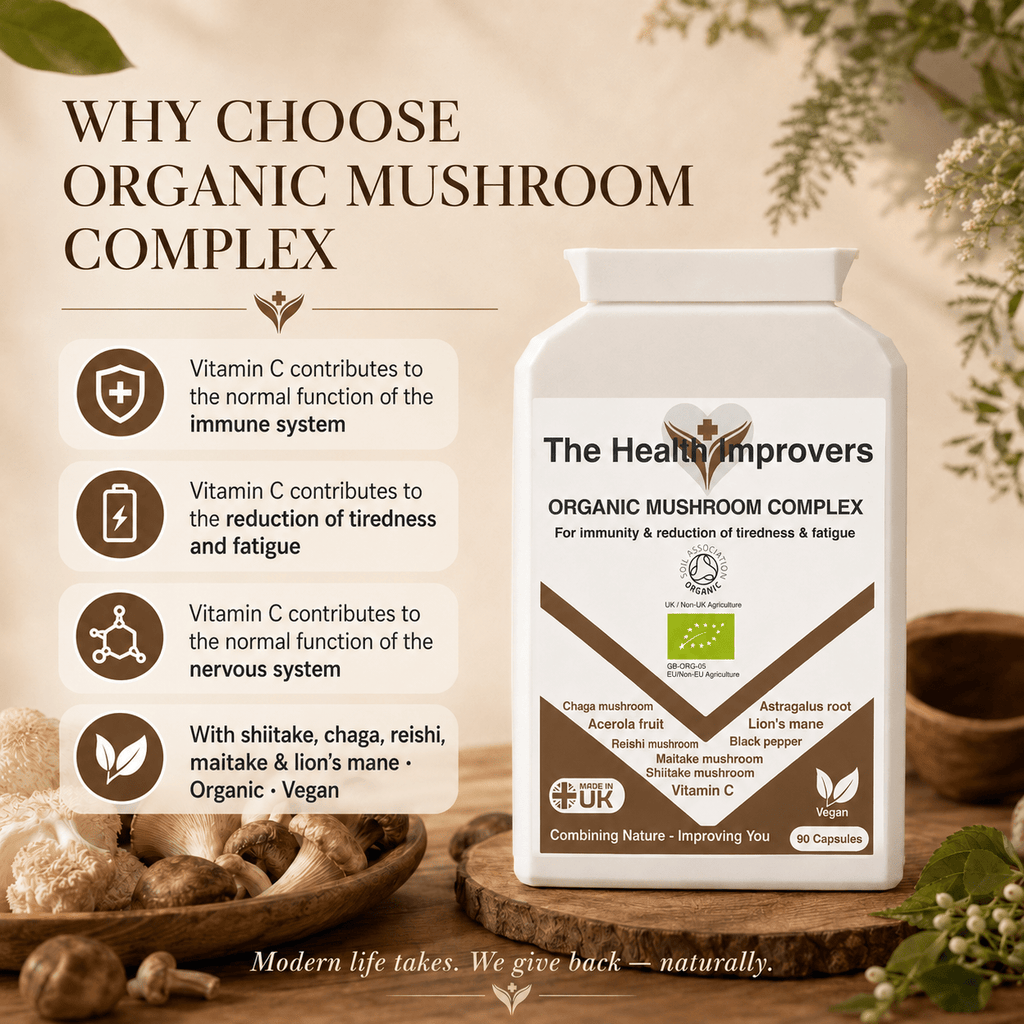 Why choose Organic Mushroom Complex, vitamin C contributes to the normal function of the immune system and to the reduction of tiredness and fatigue, with organic reishi, lion's mane, cordyceps, shiitake and maitake