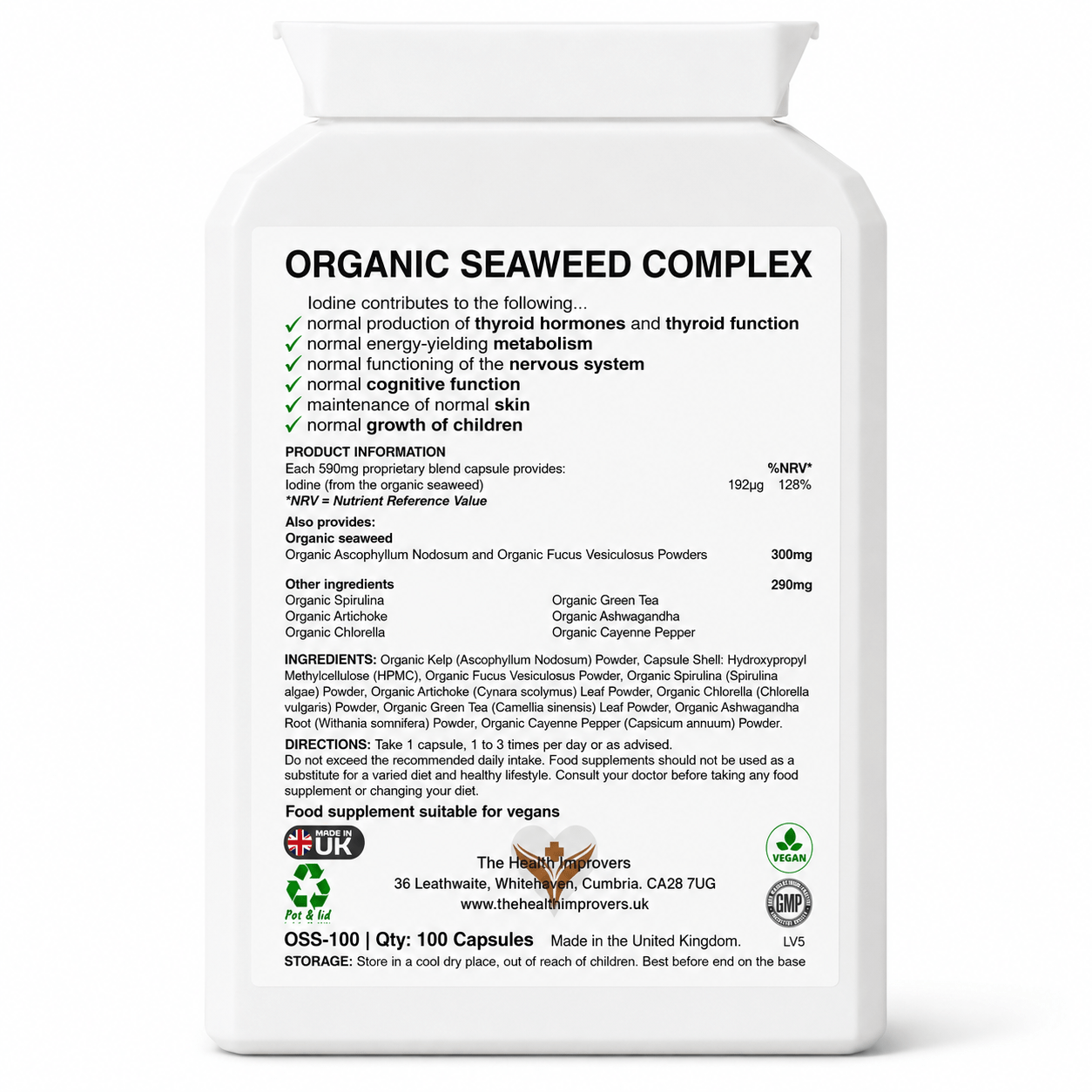 Organic Seaweed Complex back label with supplement facts