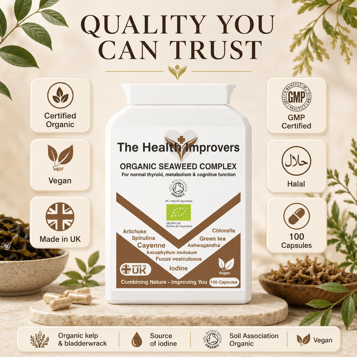 Organic Seaweed Complex quality standards, UK made, vegan and GMP certified