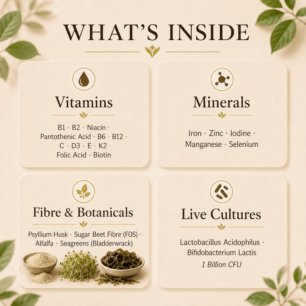 What is inside Organic Seaweed Complex, vitamins, minerals, fibre, botanicals and live cultures