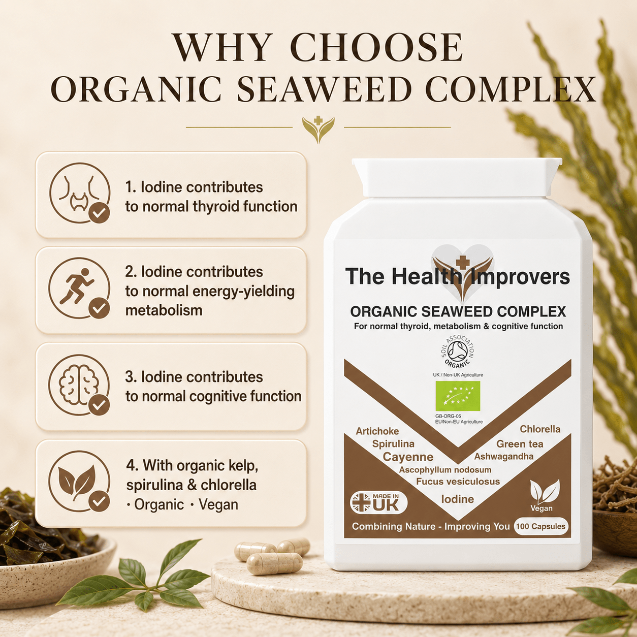 Why choose Organic Seaweed Complex, iodine contributes to normal thyroid function, normal cognitive function and normal energy-yielding metabolism, with organic kelp, spirulina, chlorella and ashwagandha