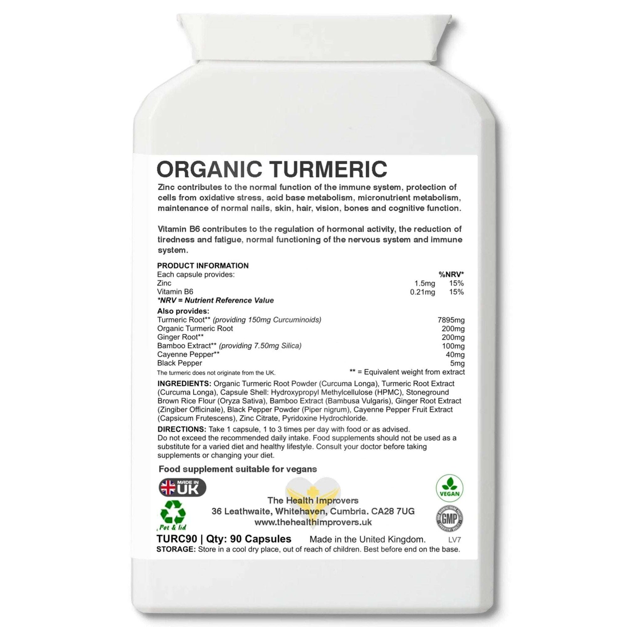Organic Turmeric Supplement with Ginger and Black Pepper | Vegan | - The Health Improvers