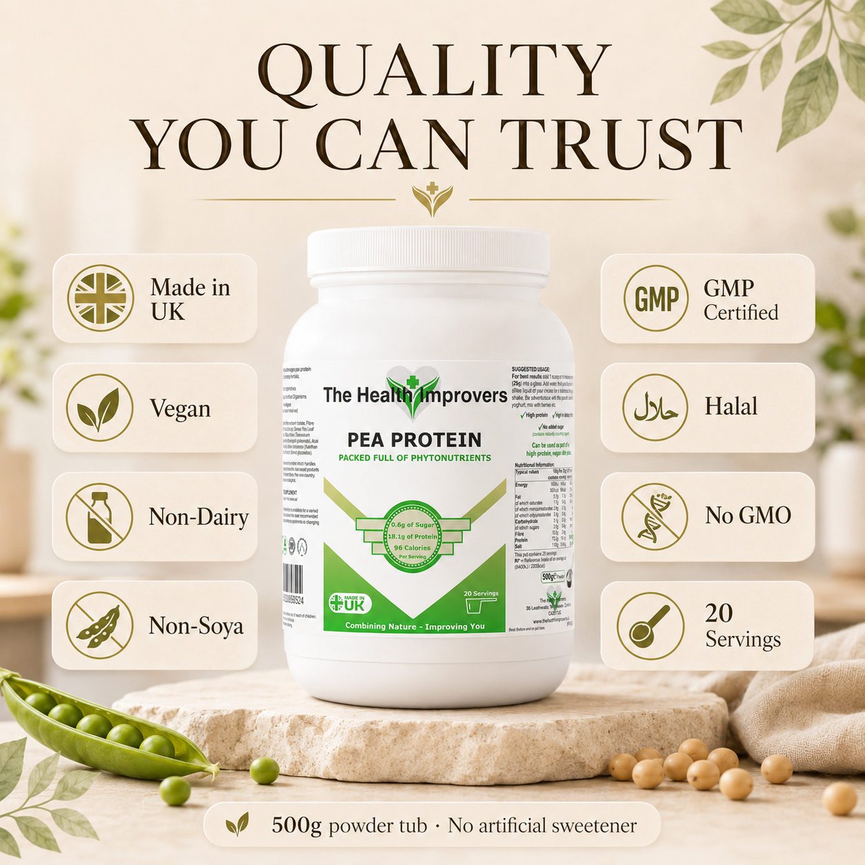 Pea Protein quality standards, UK made, vegan and GMP certified