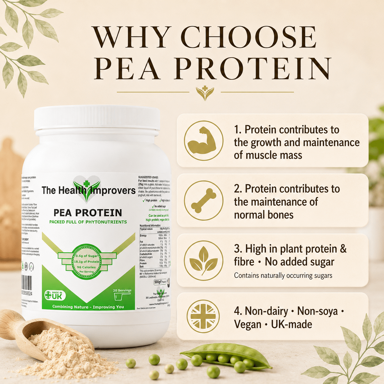 Why choose Pea Protein, protein contributes to the growth and maintenance of muscle mass and the maintenance of normal bones, a plant-based vegan protein with spirulina and acai