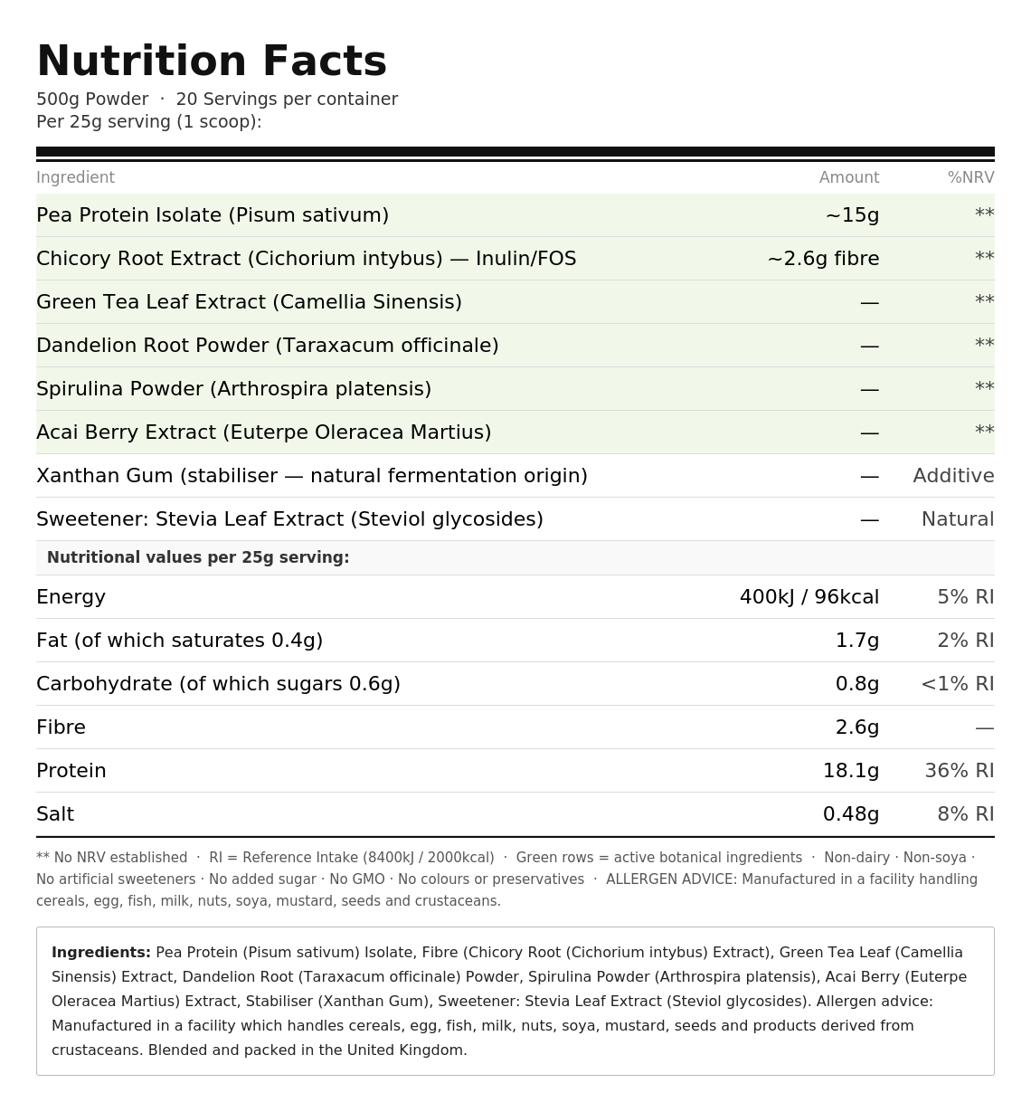 Pea Protein Powder – Vegan Superfood Blend | Spirulina & Acai