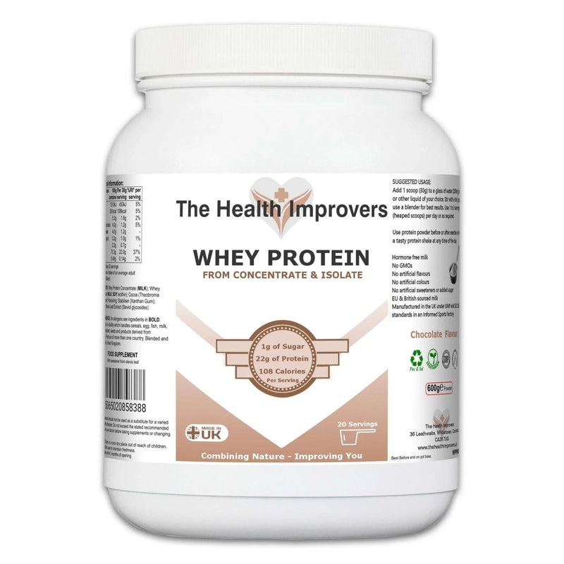 Grass-fed whey protein chocolate tub by The Health Improvers