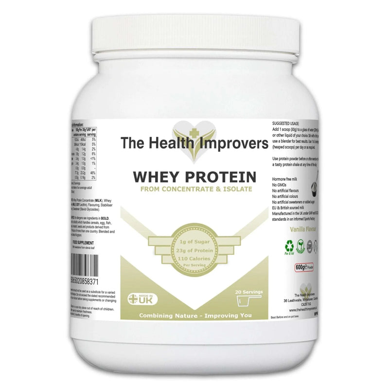 Grass-fed whey protein vanilla tub by The Health Improvers