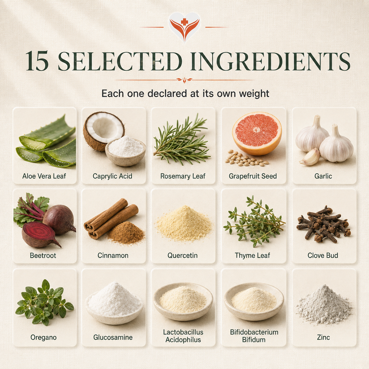 The fifteen ingredients in Restore Balance Complex shown as photo cards — aloe vera leaf, caprylic acid, rosemary leaf, grapefruit seed, garlic, beetroot, cinnamon, quercetin, thyme leaf, clove bud, oregano, glucosamine, Lactobacillus acidophilus, Bifidobacterium bifidum and zinc, each declared at its own weight