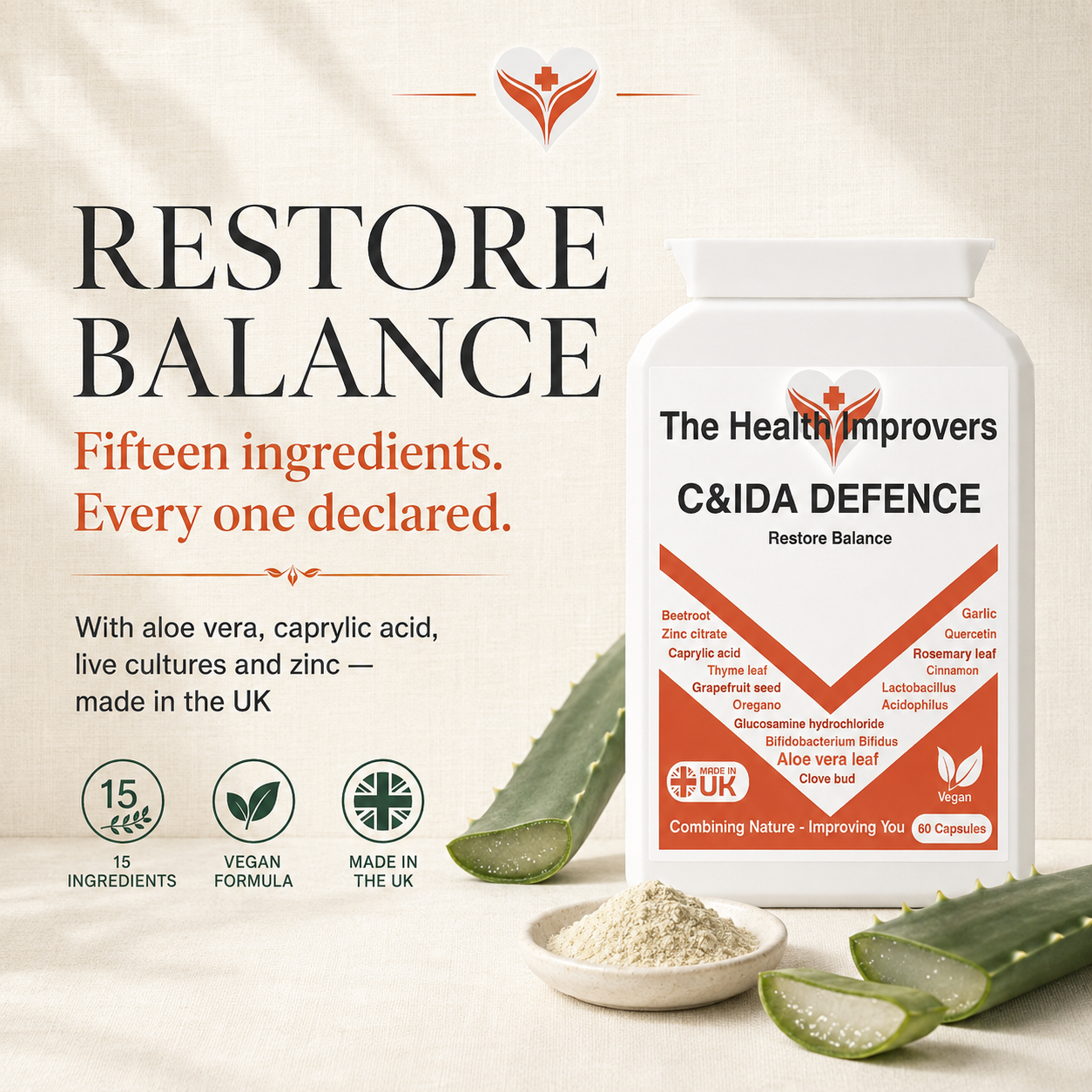 Restore Balance Complex supplement pot with fresh aloe vera leaves and a small dish of powder — fifteen ingredients, vegan formula, made in the UK