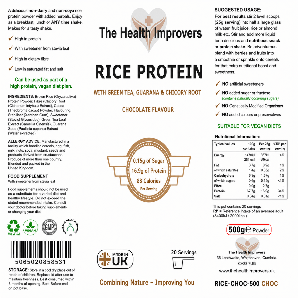 Rice Protein chocolate back label with nutrition facts and ingredients