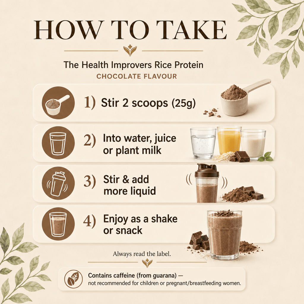 How to take Rice Protein, add one to two scoops to water, juice or a plant-based drink