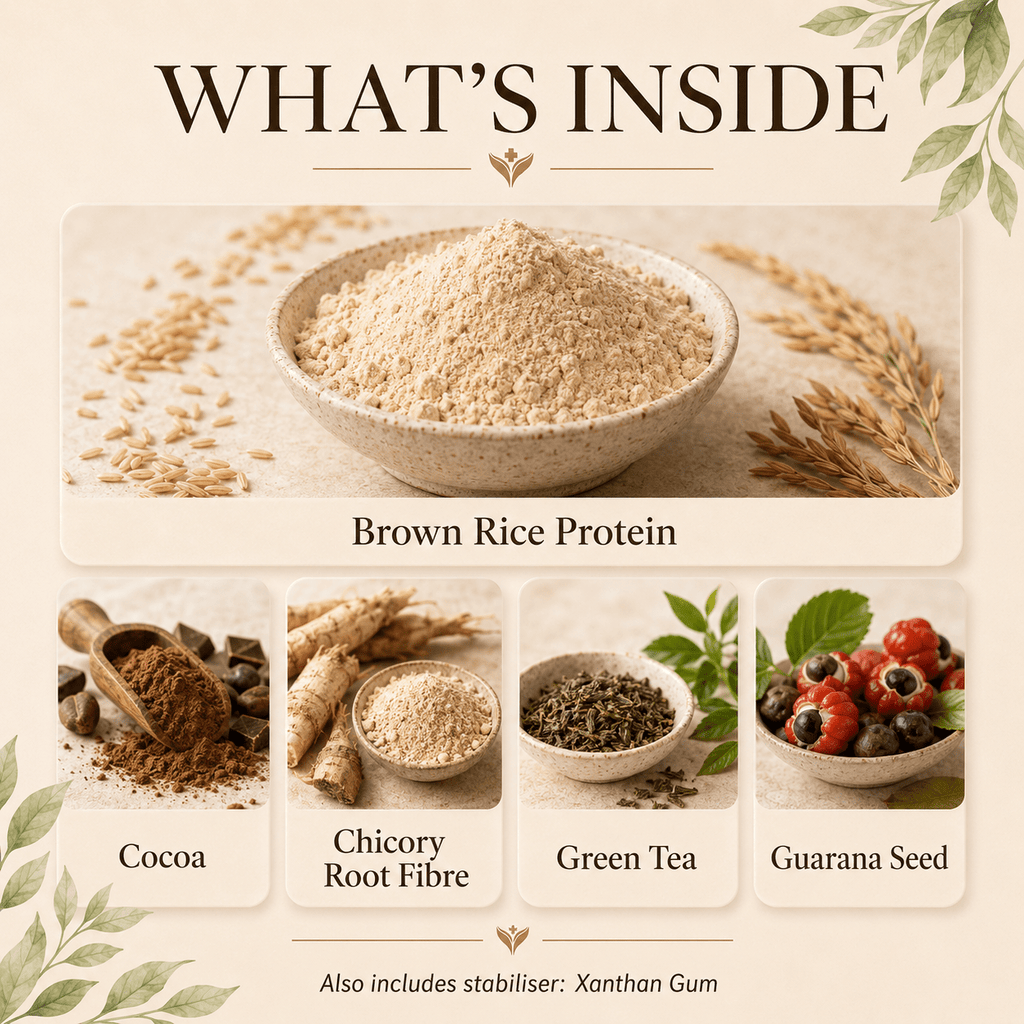 What is inside Rice Protein, brown rice protein with cocoa, green tea, guarana and chicory