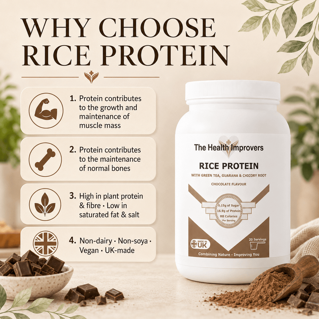 Why choose Rice Protein, protein contributes to the growth and maintenance of muscle mass and the maintenance of normal bones, a plant-based vegan protein with chicory, green tea and guarana