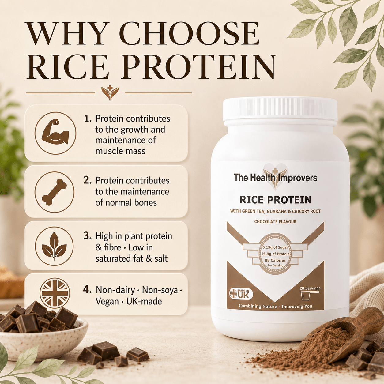 Why choose Rice Protein, protein contributes to the growth and maintenance of muscle mass and the maintenance of normal bones, a plant-based vegan protein with chicory, green tea and guarana
