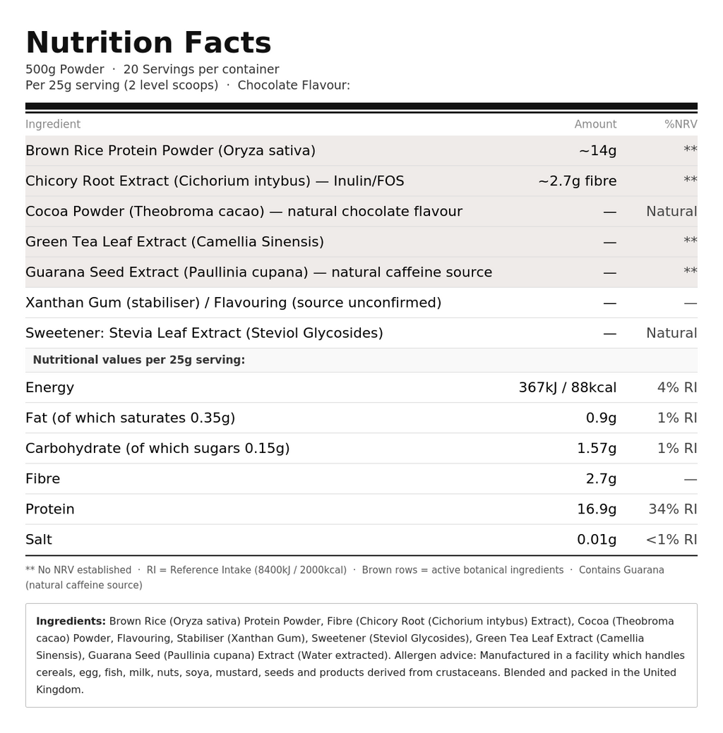 Rice Protein Powder  – Vegan with Chicory, Green Tea & Guarana