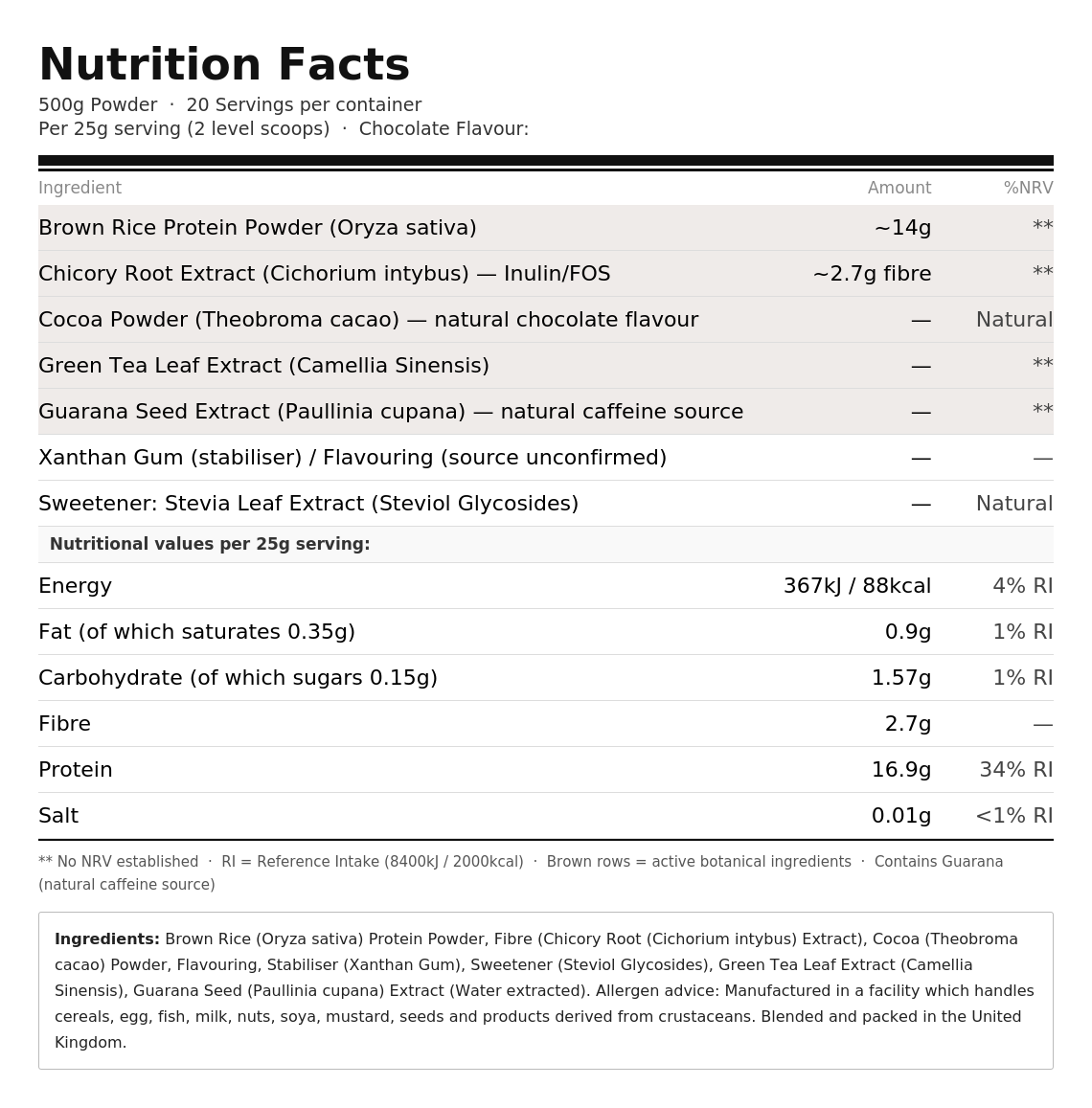 Rice Protein Powder  – Vegan with Chicory, Green Tea & Guarana