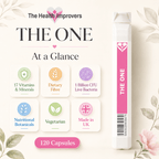 The One at a glance, 47 vitamins and minerals, fibre, botanicals and live bacteria in 120 capsules