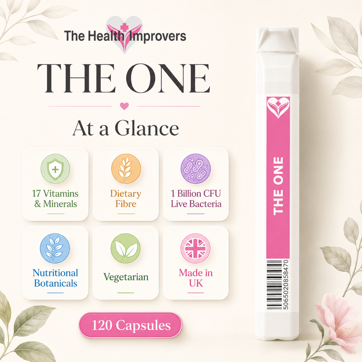 The One at a glance, 47 vitamins and minerals, fibre, botanicals and live bacteria in 120 capsules