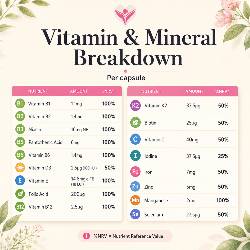 The vitamin and mineral breakdown per capsule in The One multivitamin