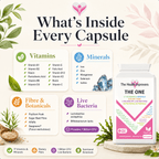 What is inside every capsule of The One, 47 vitamins and minerals with dietary fibre, botanicals and live bacteria