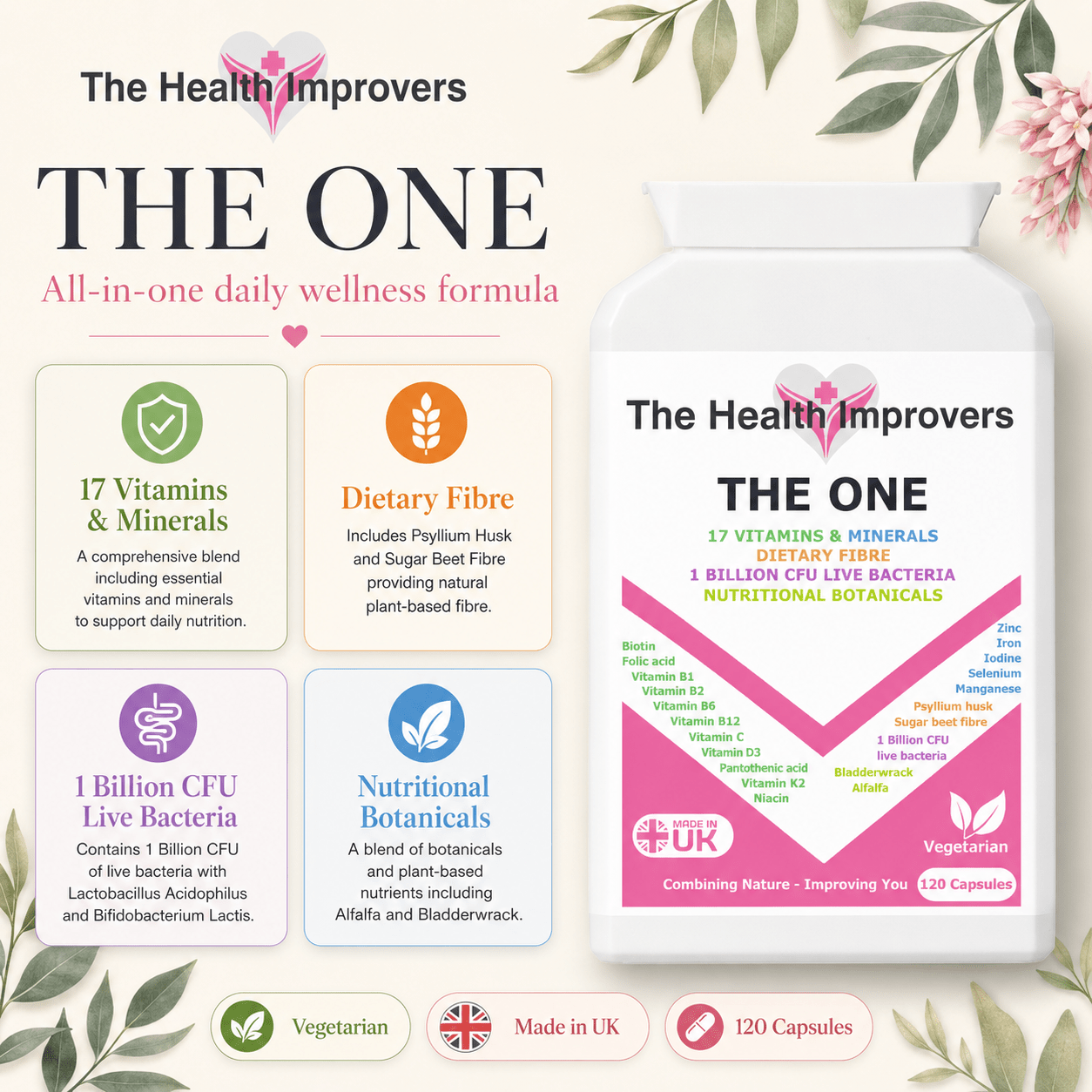 Why choose The One, 47 vitamins and minerals in one capsule, with vitamins C and D for the normal function of the immune system and B vitamins for the reduction of tiredness, plus fibre, botanicals and live bacteria